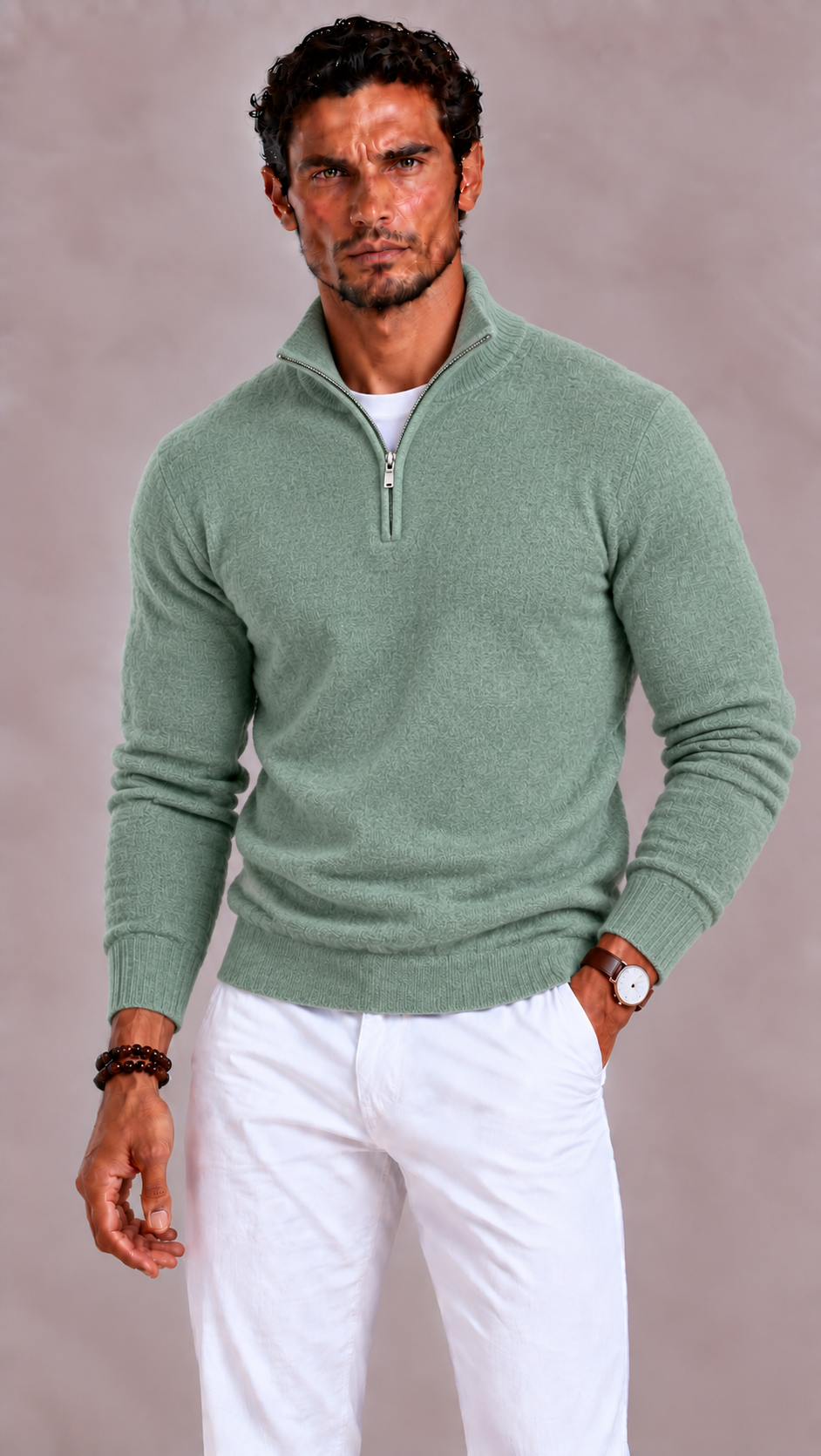 Merino Wool V Neck Zip Sweater for Men | Relaxed Fit Long Sleeve Pullover