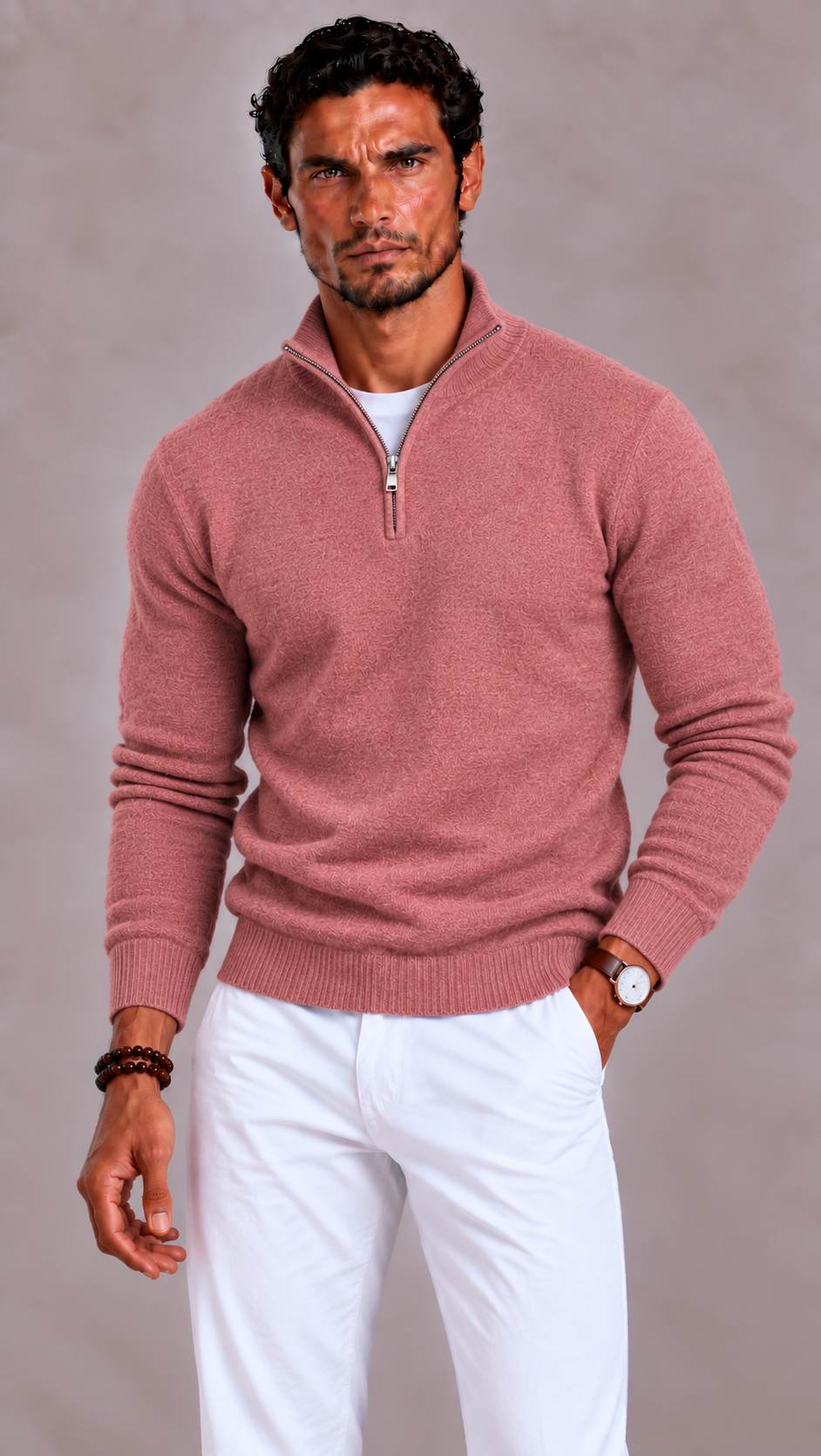 Merino Wool V Neck Zip Sweater for Men | Relaxed Fit Long Sleeve Pullover