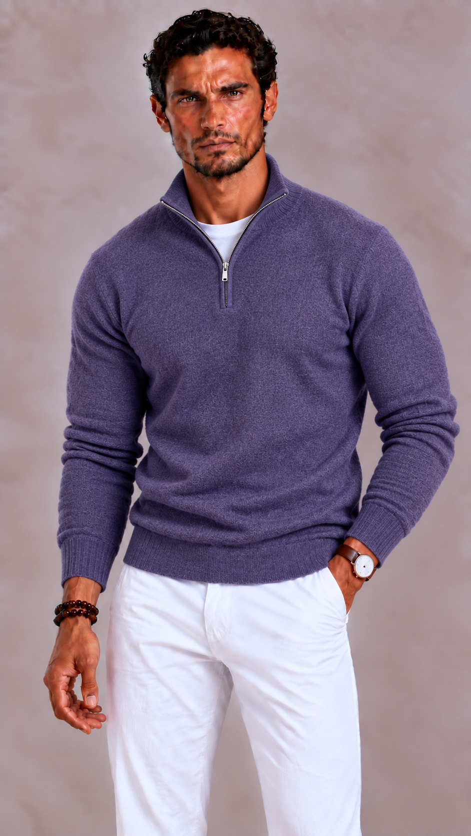 Merino Wool V Neck Zip Sweater for Men | Relaxed Fit Long Sleeve Pullover