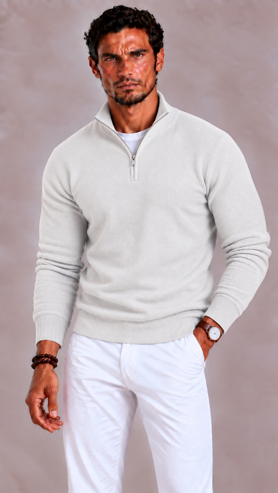 Merino Wool V Neck Zip Sweater for Men | Relaxed Fit Long Sleeve Pullover