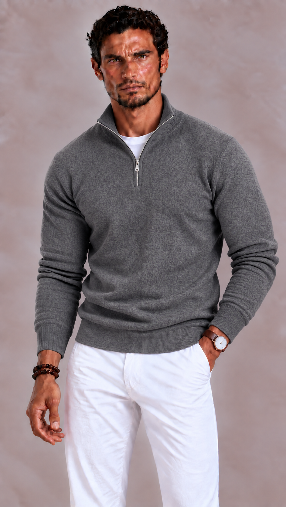 Merino Wool V Neck Zip Sweater for Men | Relaxed Fit Long Sleeve Pullover