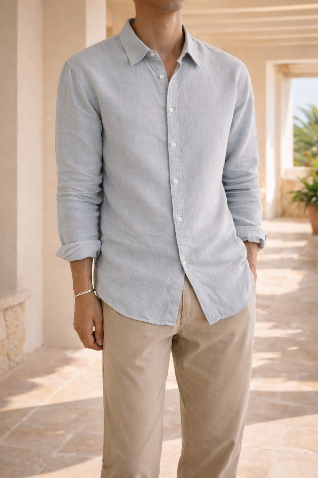 Linen Long Sleeve Button-Front Relaxed Fit Shirt for Men