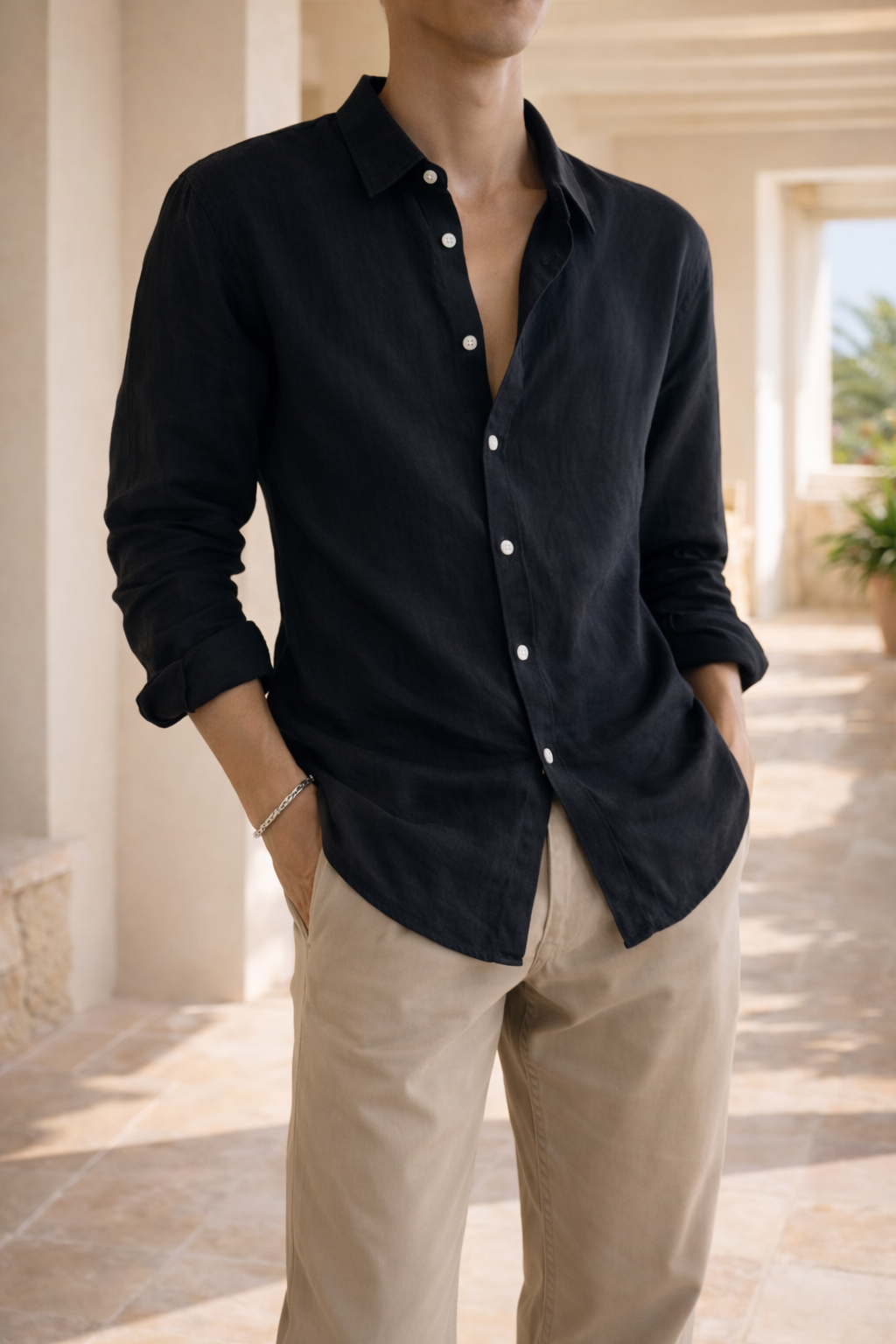 Linen Long Sleeve Button-Front Relaxed Fit Shirt for Men