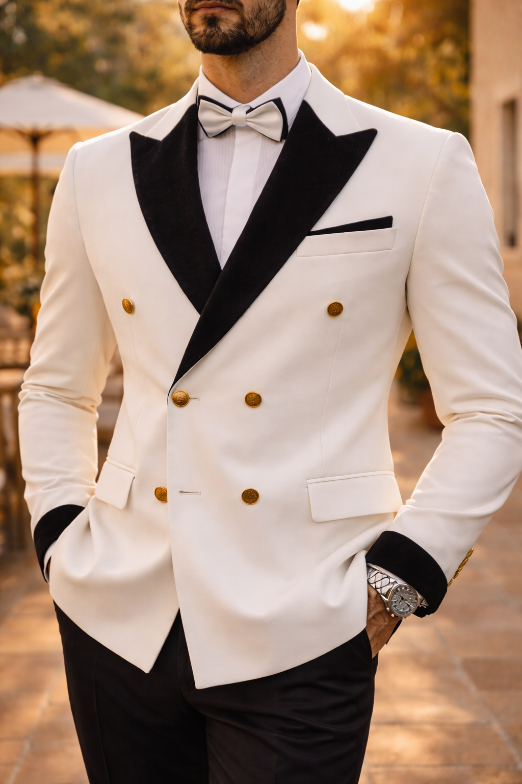White Double Breasted Contrast Lapel Suit Set with Pants for Men | Wedding