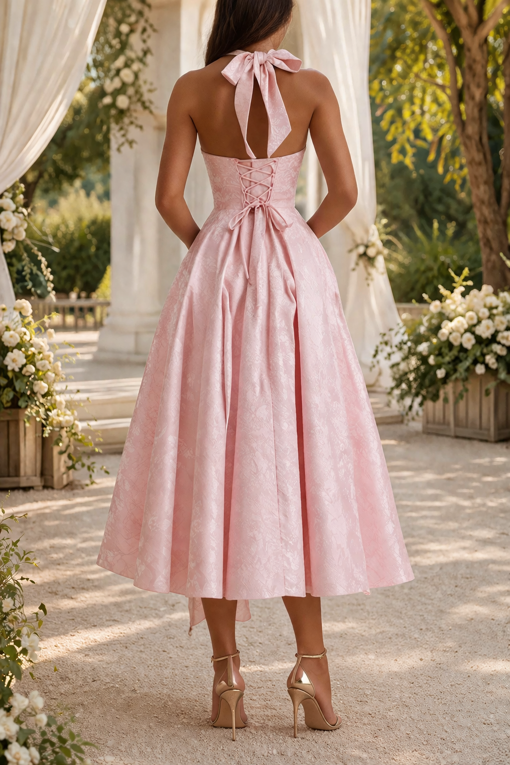 Jacquard Halter Neck Midi Dress with Fitted Bodice and Flared Skirt for Women