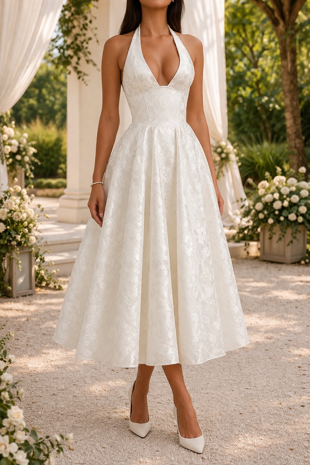 Jacquard Halter Neck Midi Dress with Fitted Bodice and Flared Skirt for Women