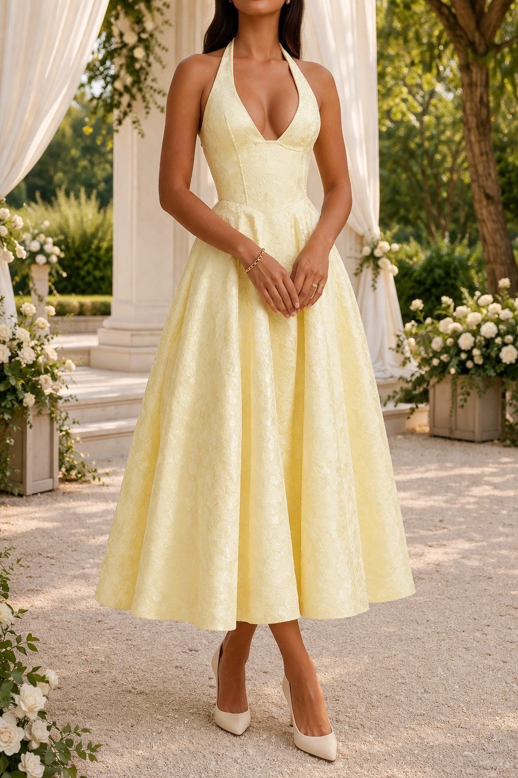 Jacquard Halter Neck Midi Dress with Fitted Bodice and Flared Skirt for Women