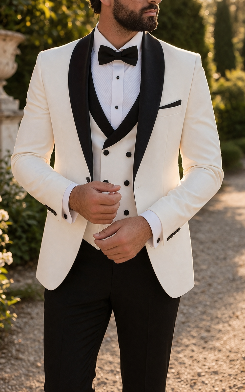 White Three Piece Tuxedo Suit with Shawl Lapel and Vest for Men | Wedding