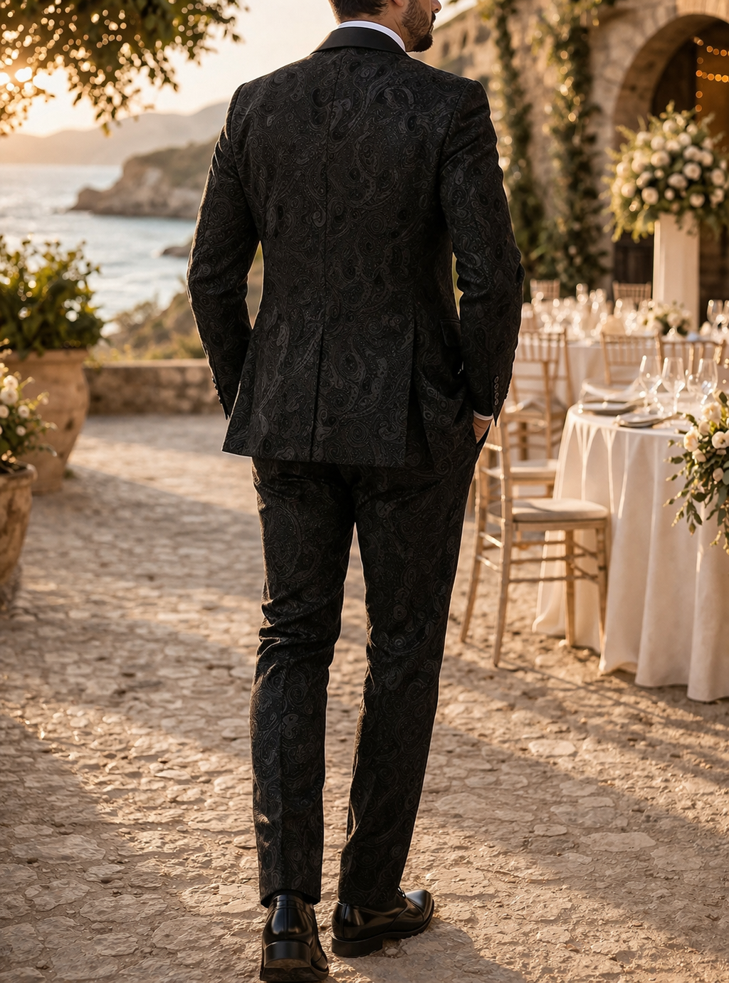 Black White Patterned Three Piece Suit with Shawl Lapel for Men | Wedding