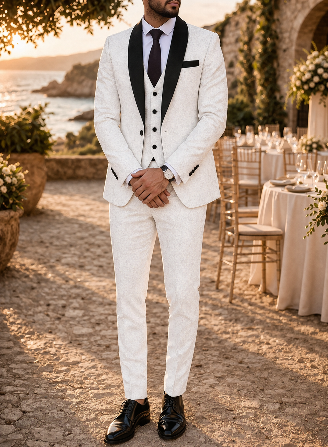 Black White Patterned Three Piece Suit with Shawl Lapel for Men | Wedding