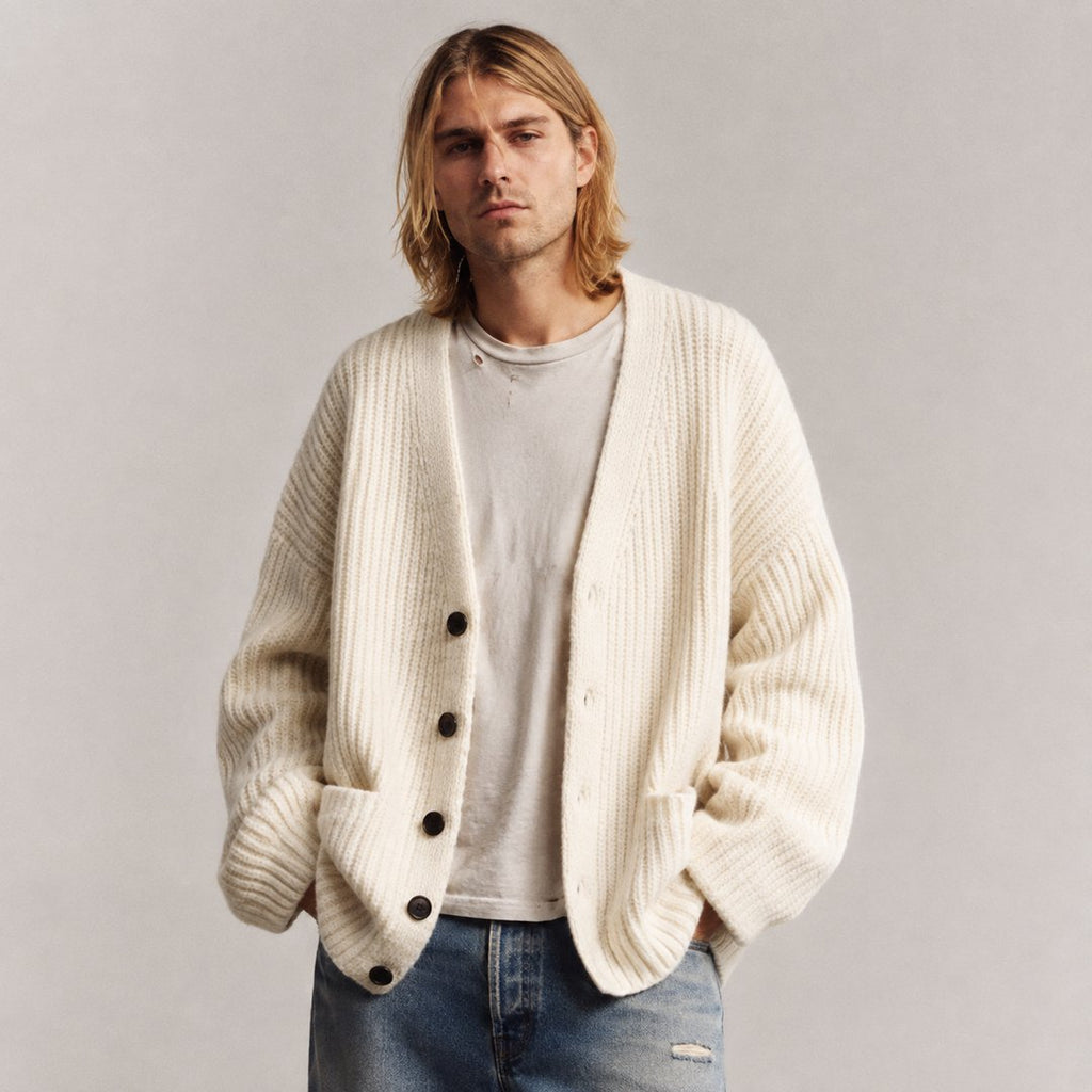 Relaxed Fit V Neck Knit Cardigan with Button Front and Pockets for Women