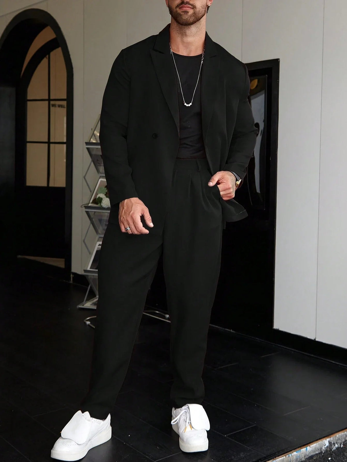 Slim Fit Two Piece Business Suit Set with Blazer and Straight Leg Pants for Men