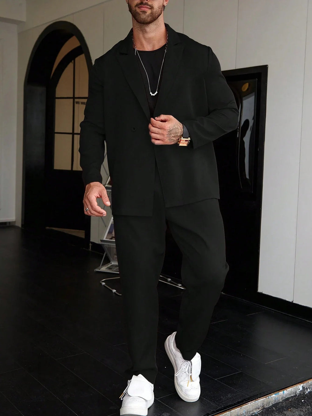 Slim Fit Two Piece Business Suit Set with Blazer and Straight Leg Pants for Men
