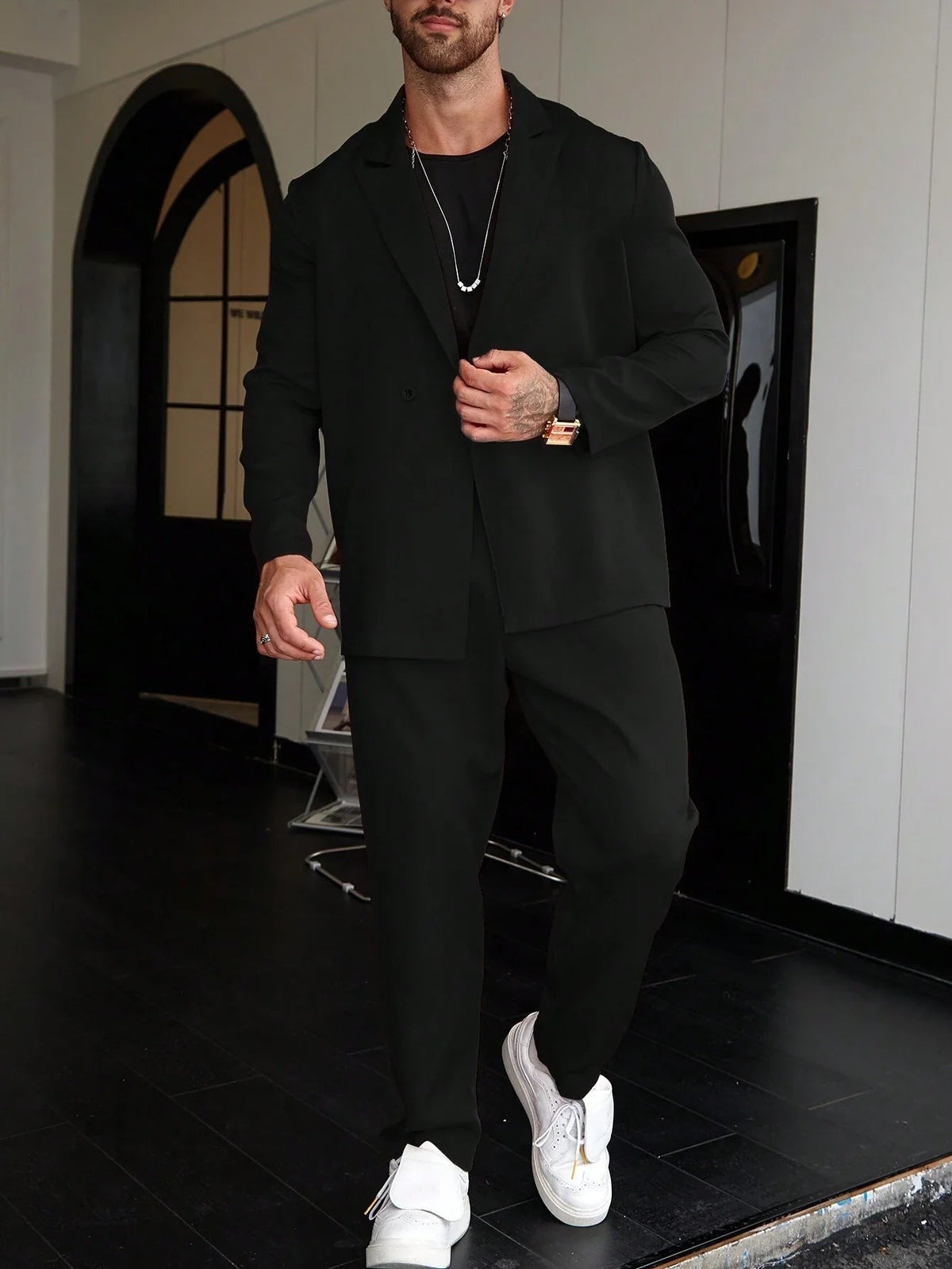Slim Fit Two Piece Business Suit Set with Blazer and Straight Leg Pants for Men