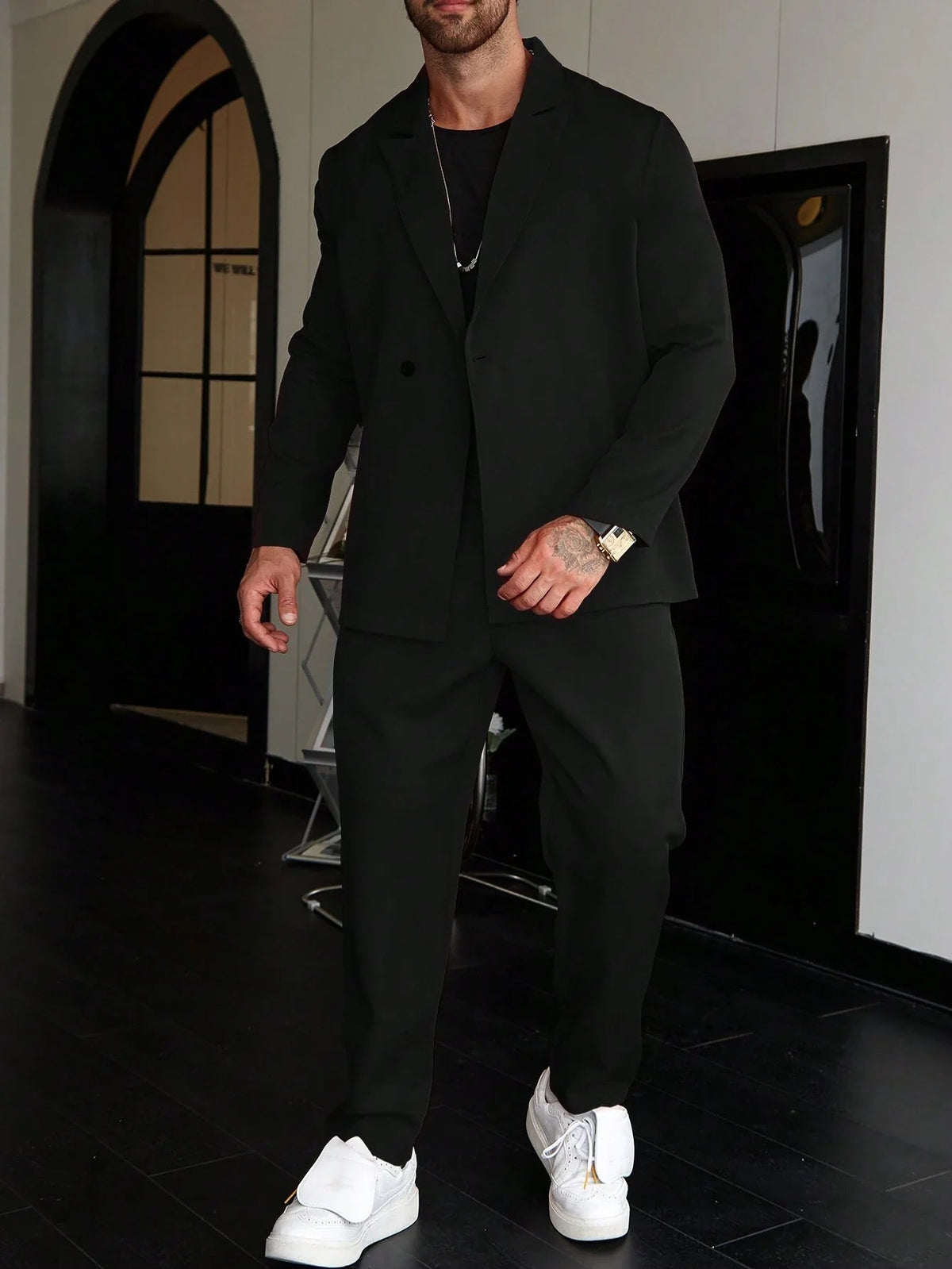 Slim Fit Two Piece Business Suit Set with Blazer and Straight Leg Pants for Men