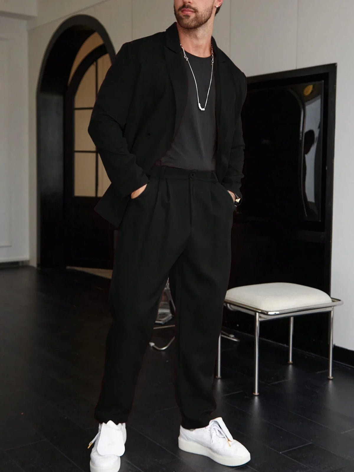 Slim Fit Two Piece Business Suit Set with Blazer and Straight Leg Pants for Men