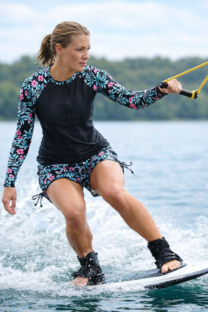 Tropical Print Rashguard Two-Piece Swimsuit for Women