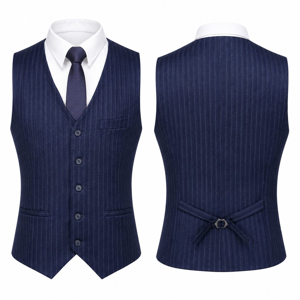 Navy Blue Double Breasted Tweed Three Piece Suit for Men | Wedding Formalwear