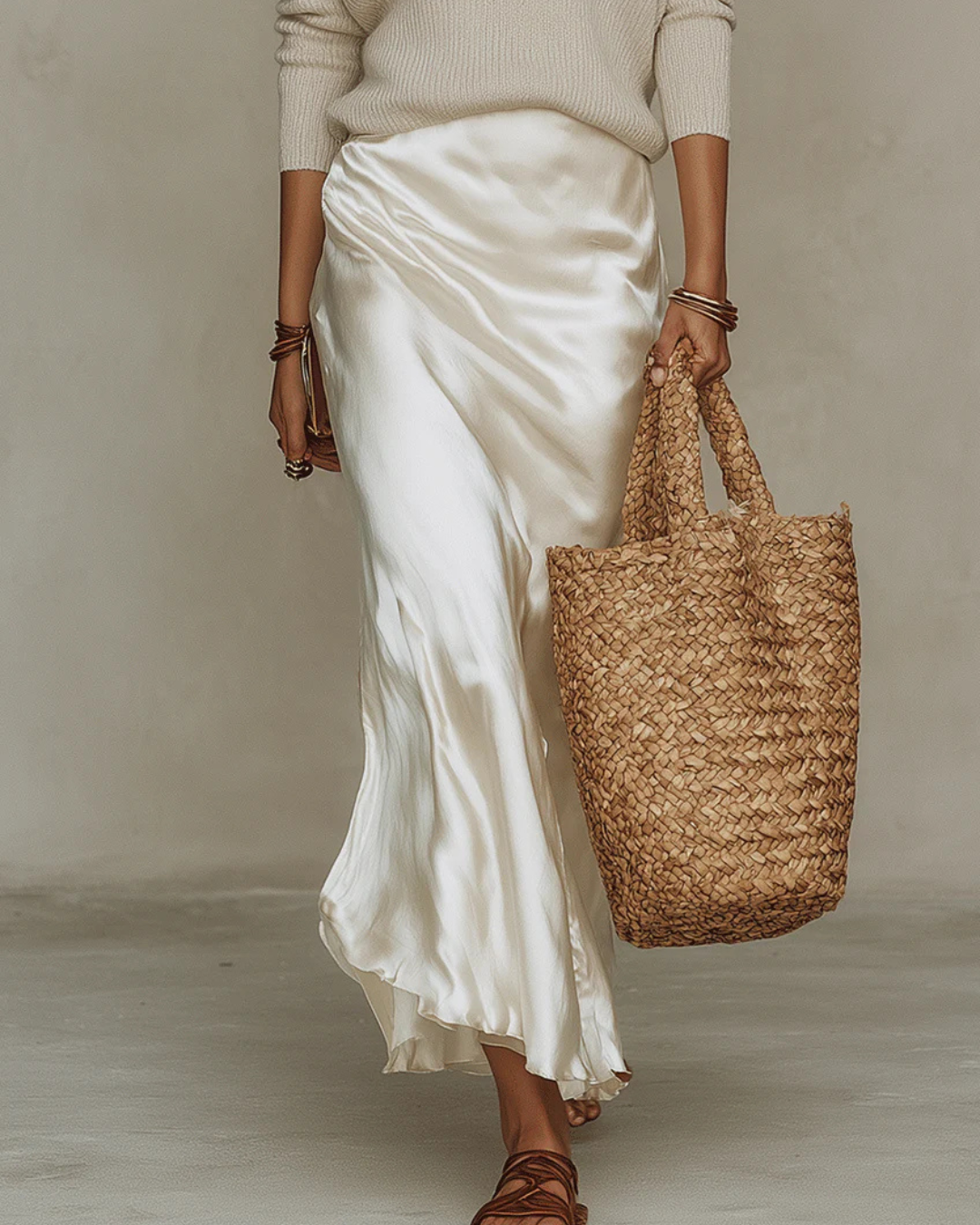 Satin Midi Dress and Knit Sweater Two Piece Set for Women | Layered Outfit