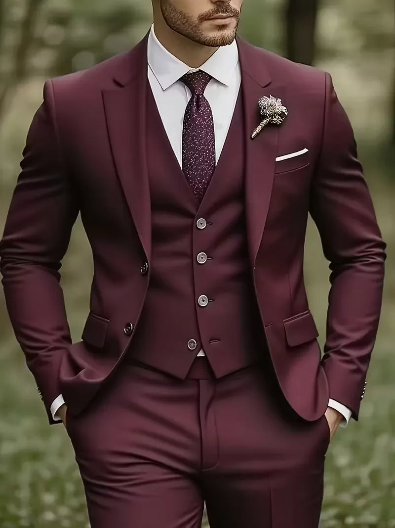 Slim Fit Three-Piece Suit for Men | Glossy Finish