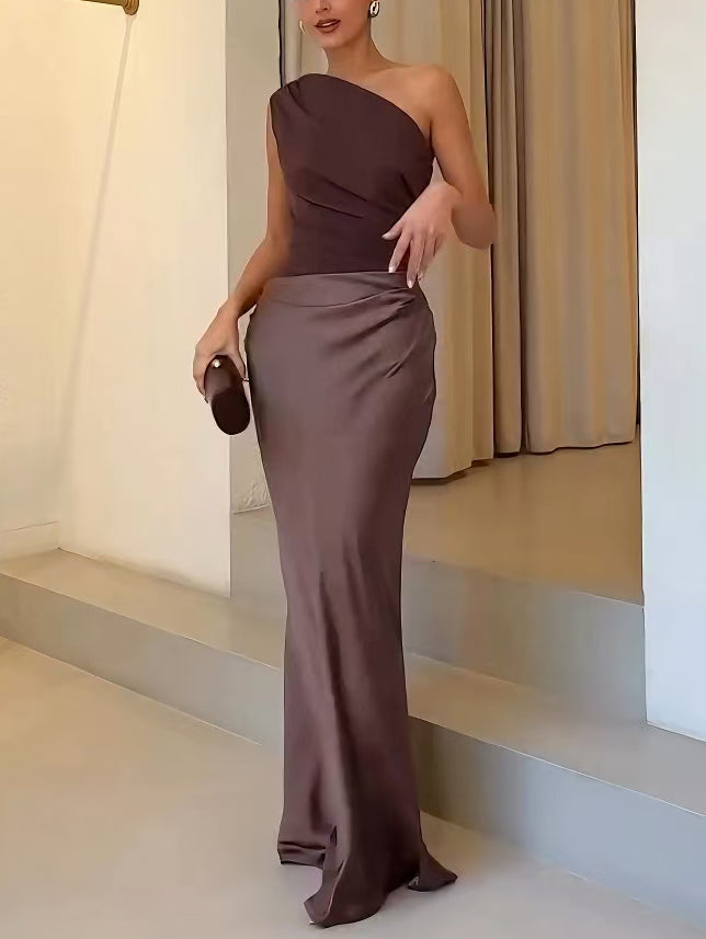 One Shoulder Pleated Maxi Dress for Women | Party and Formal Occasions