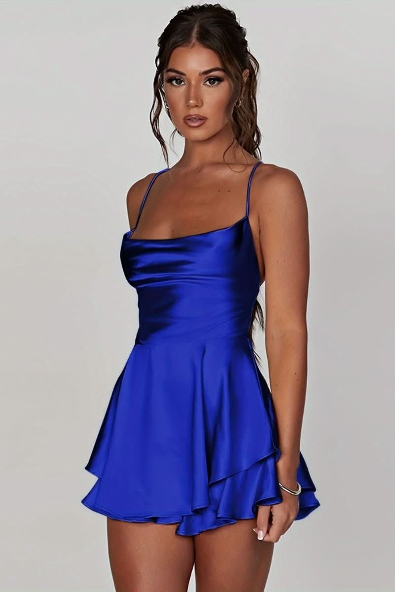 Backless Halter Ruched Cocktail Dress with Flared Ruffle Skirt for Women