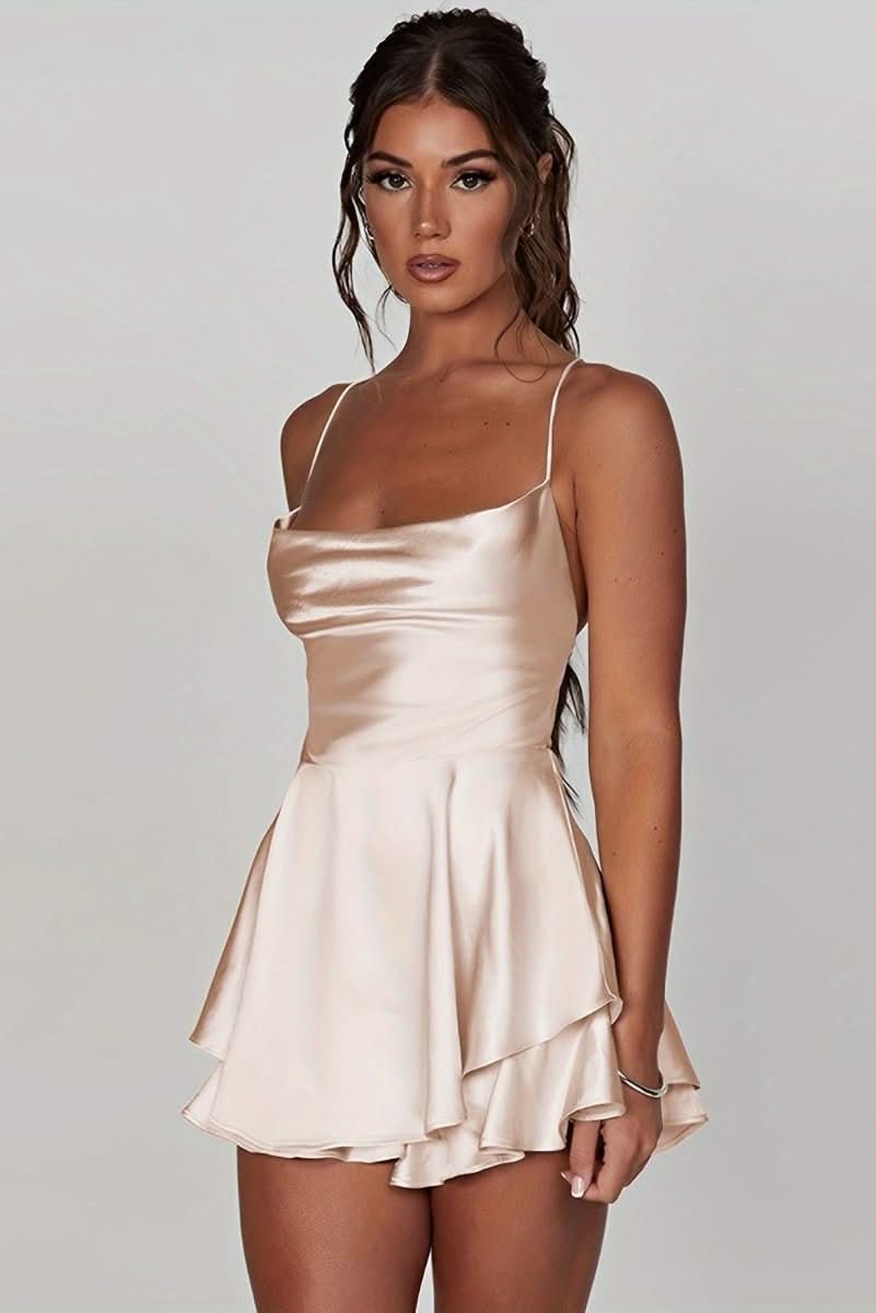 Backless Halter Ruched Cocktail Dress with Flared Ruffle Skirt for Women