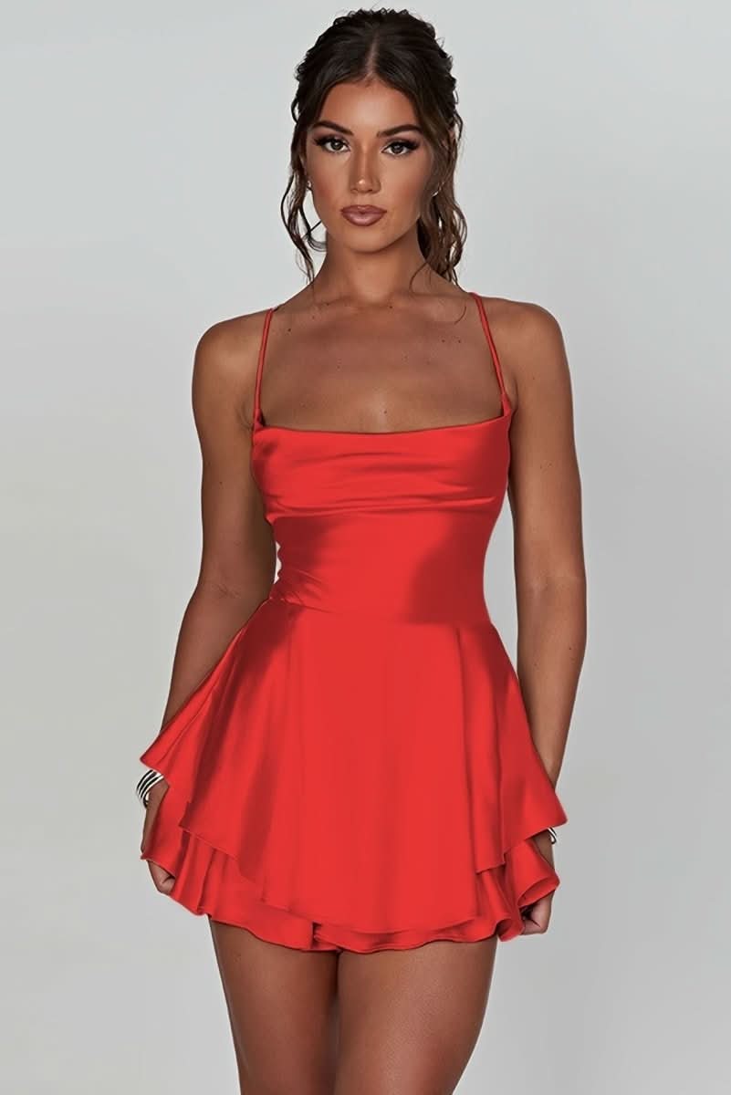 Backless Halter Ruched Cocktail Dress with Flared Ruffle Skirt for Women