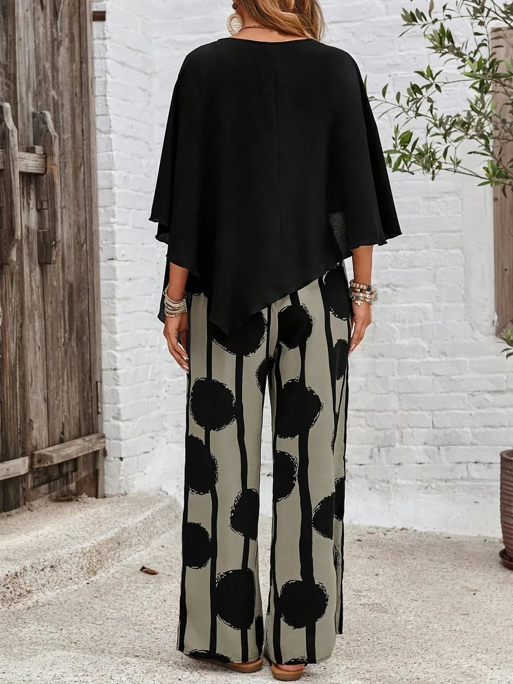 Black and Grey Asymmetric Hem Top and Printed Trousers Co-Ord Set for Women