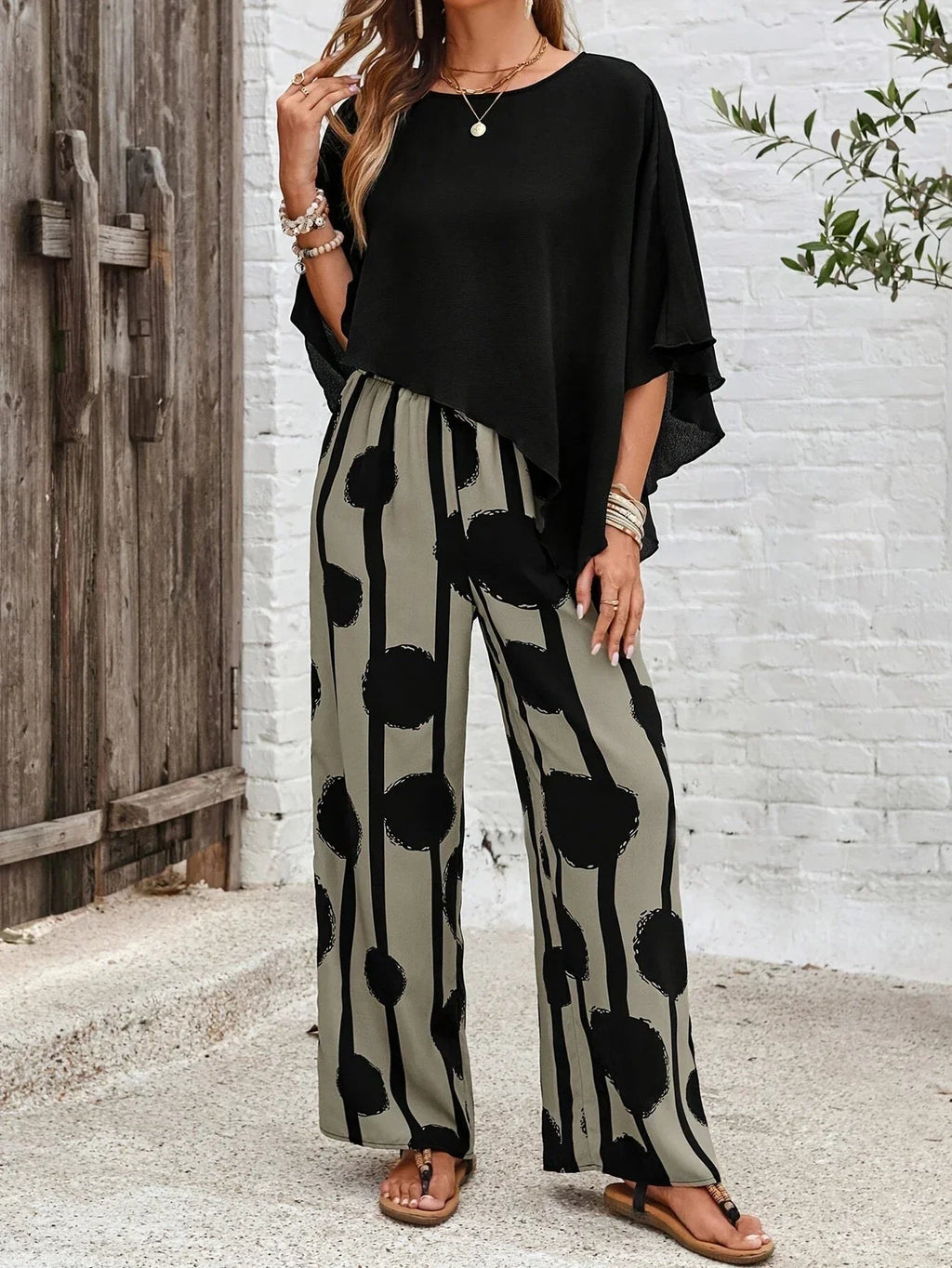 Black and Grey Asymmetric Hem Top and Printed Trousers Co-Ord Set for Women