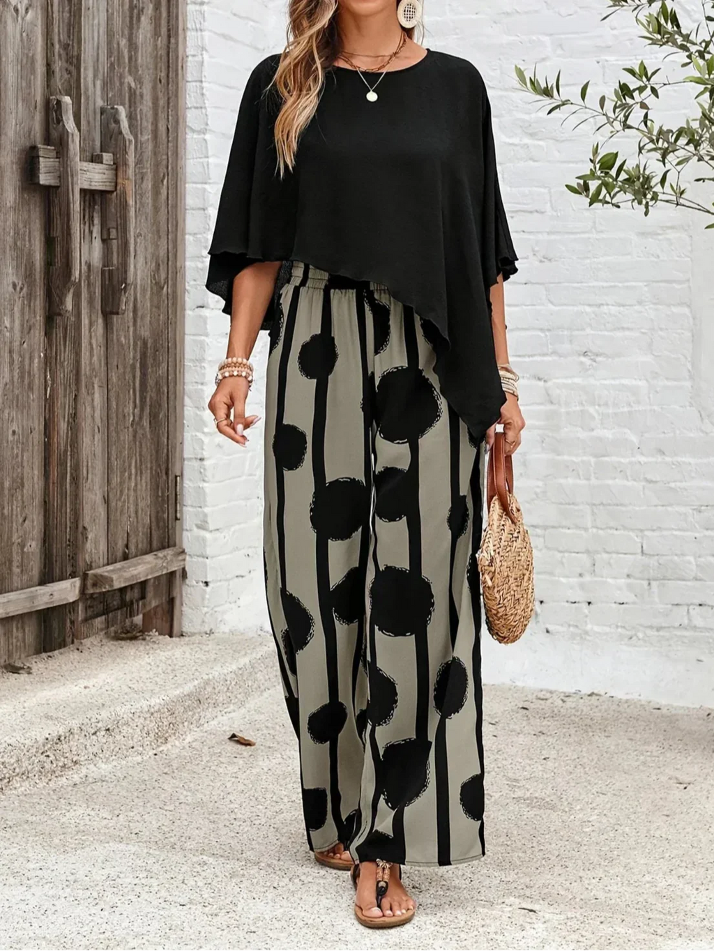Black and Grey Asymmetric Hem Top and Printed Trousers Co-Ord Set for Women
