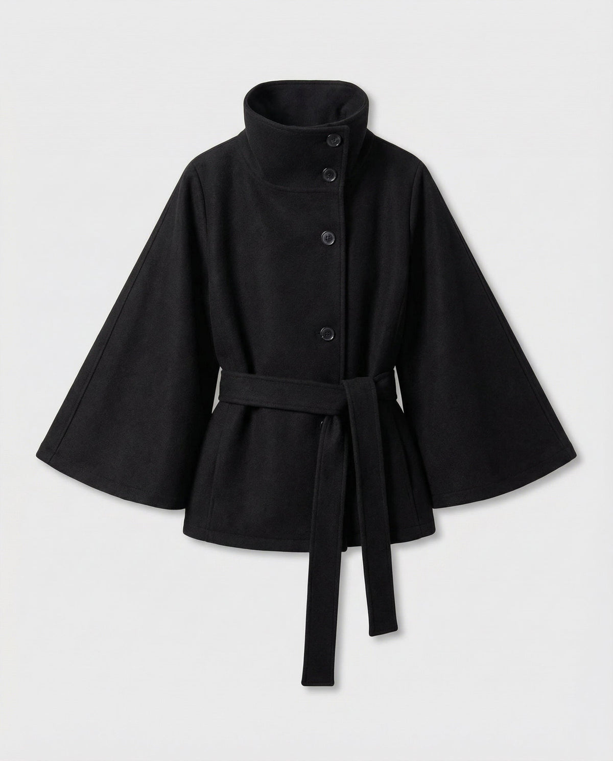 Wool Blend Belted High Collar Cape Jacket for Women | Office and Evening