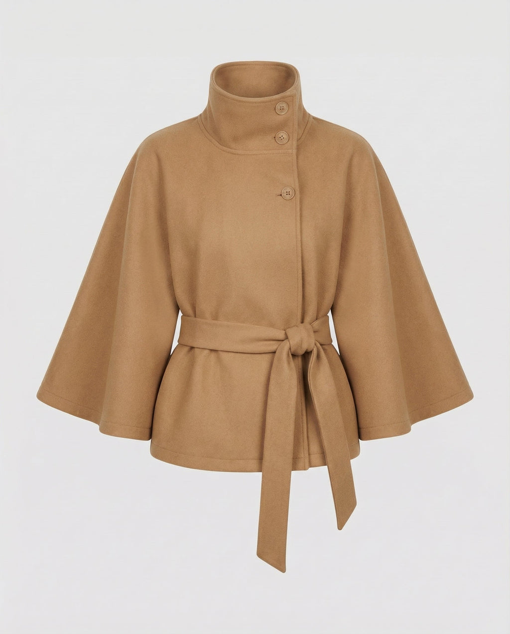 Wool Blend Belted High Collar Cape Jacket for Women | Office and Evening