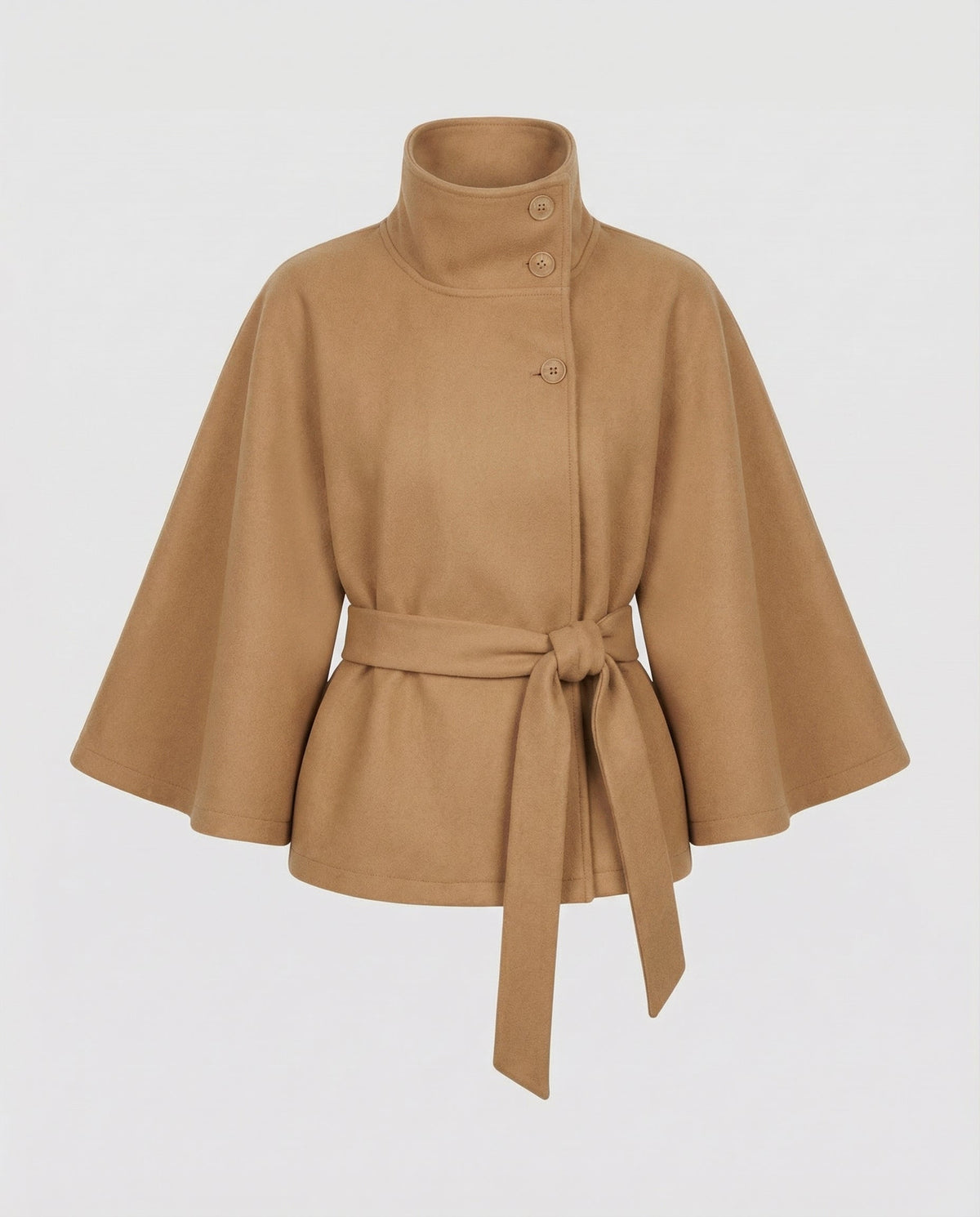 Wool Blend Belted High Collar Cape Jacket for Women | Office and Evening