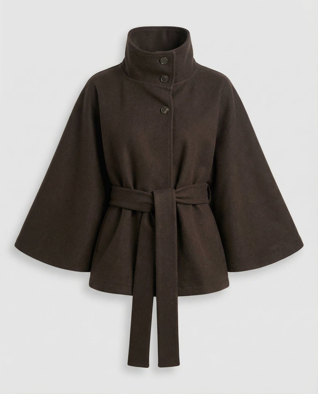 Wool Blend Belted High Collar Cape Jacket for Women | Office and Evening