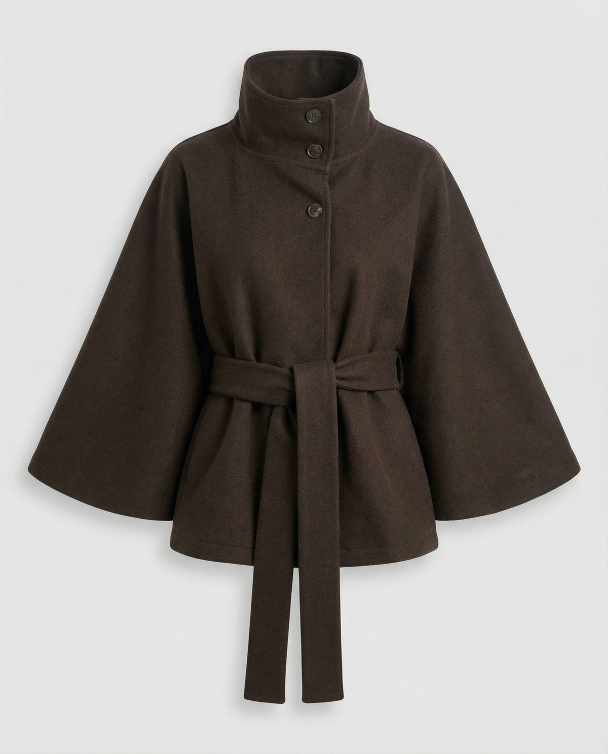 Wool Blend Belted High Collar Cape Jacket for Women | Office and Evening