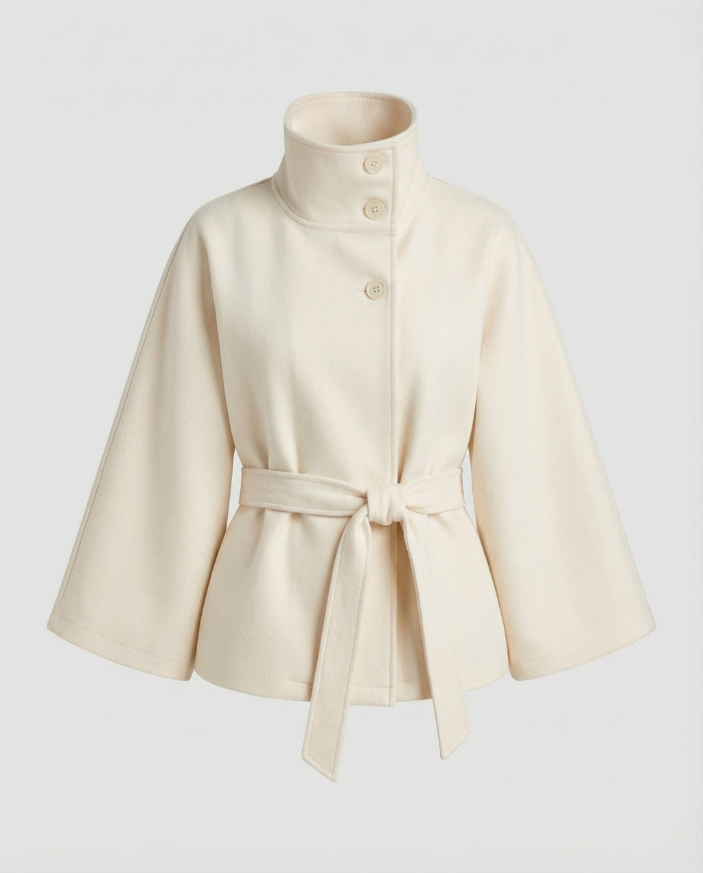 Wool Blend Belted High Collar Cape Jacket for Women | Office and Evening