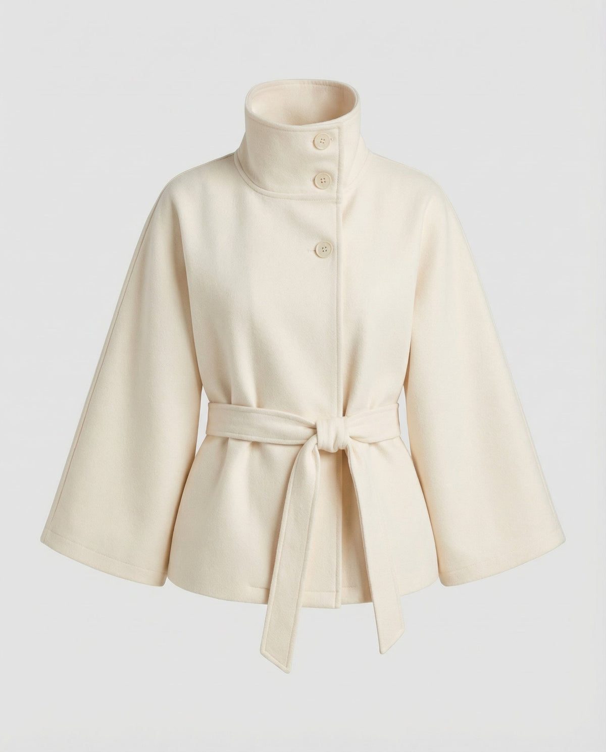 Wool Blend Belted High Collar Cape Jacket for Women | Office and Evening