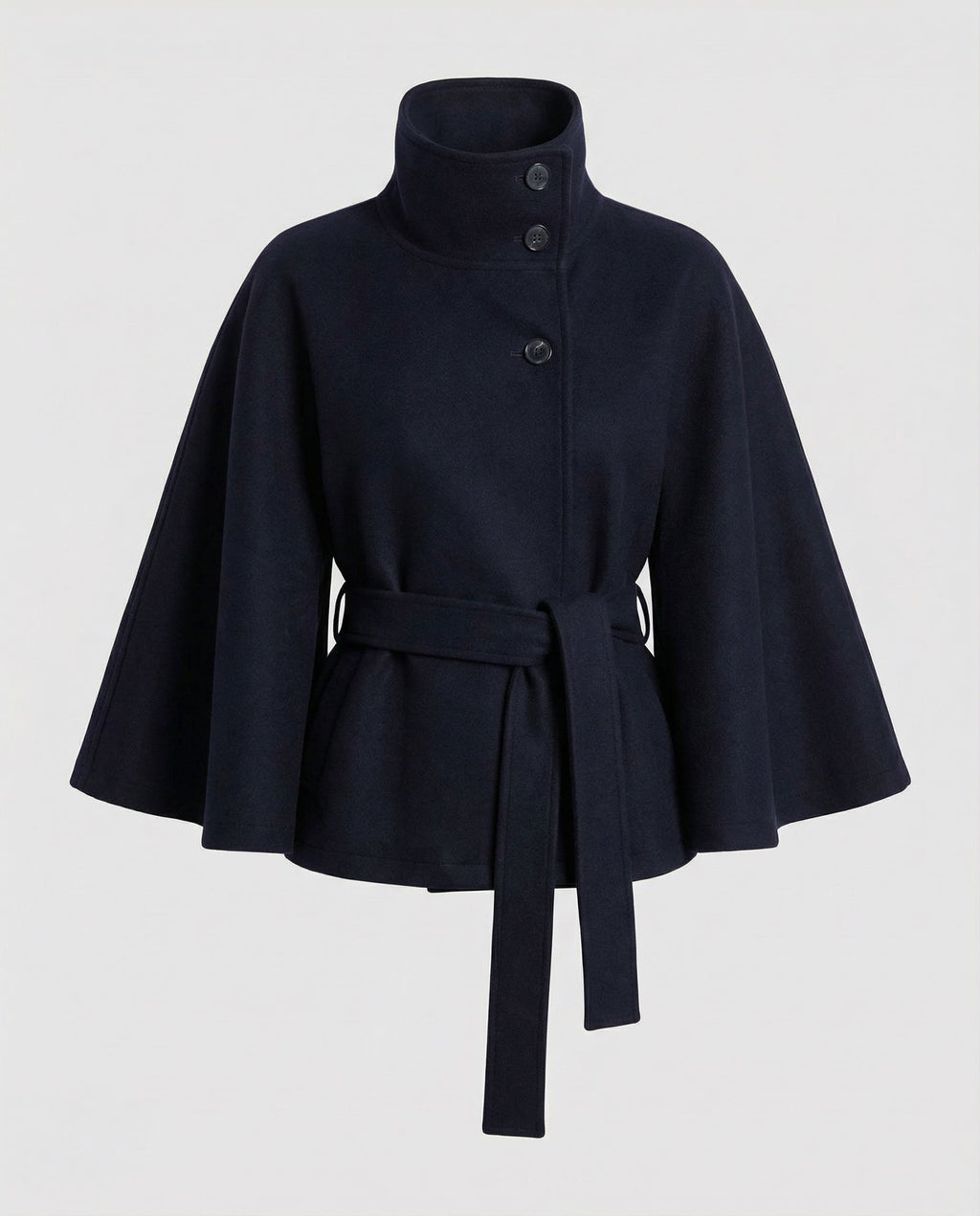 Wool Blend Belted High Collar Cape Jacket for Women | Office and Evening