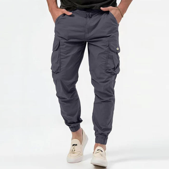 Grey Synthetic Multi-Pocket Cargo Jogger Trousers for Men