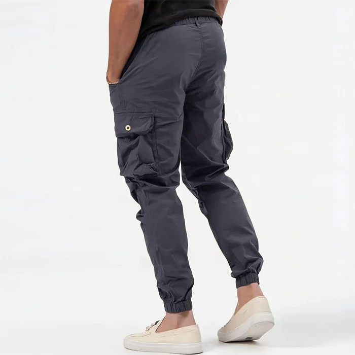 Grey Synthetic Multi-Pocket Cargo Jogger Trousers for Men