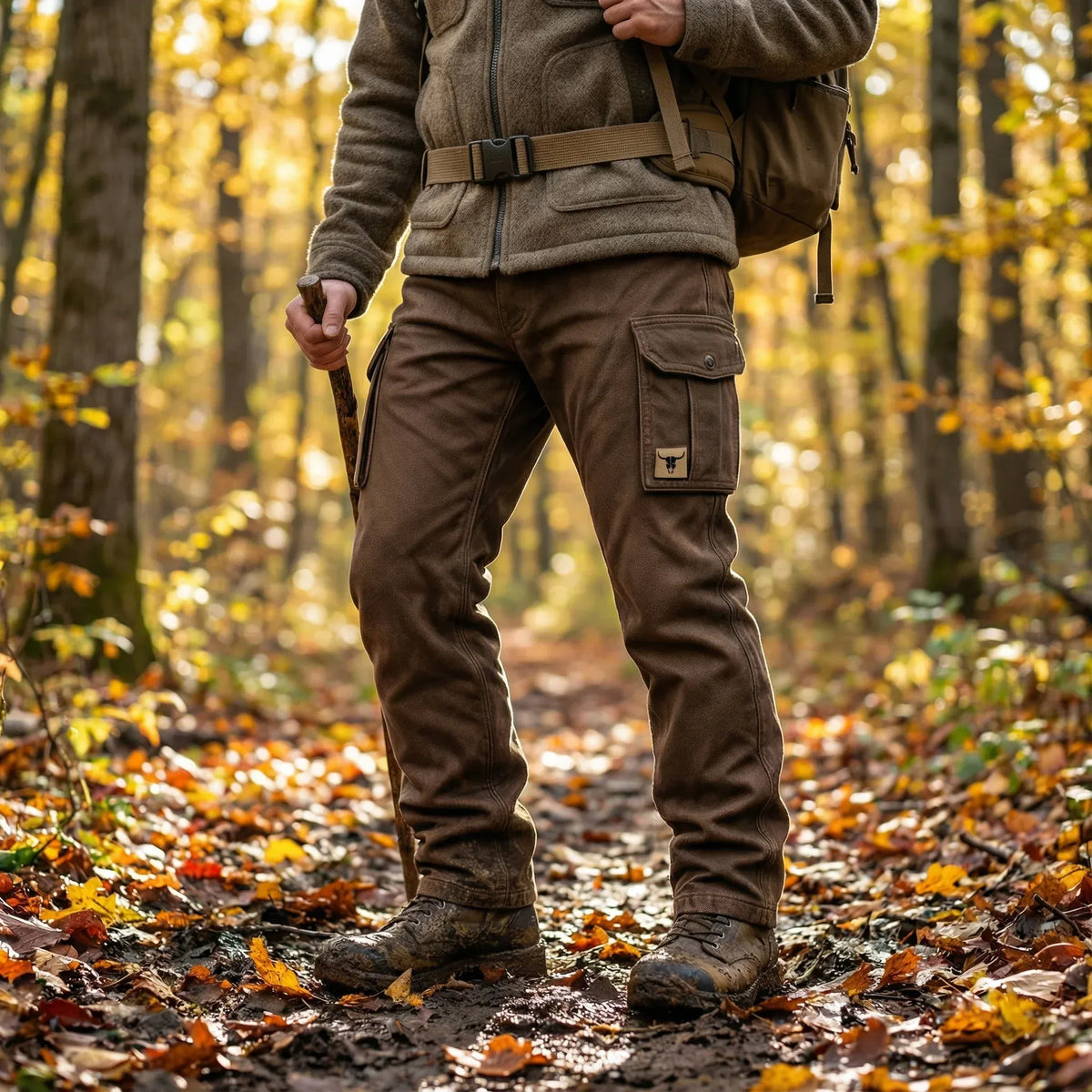 Brown Slim Fit Tapered Leg Cargo Pants with Flap Utility Pockets for Men