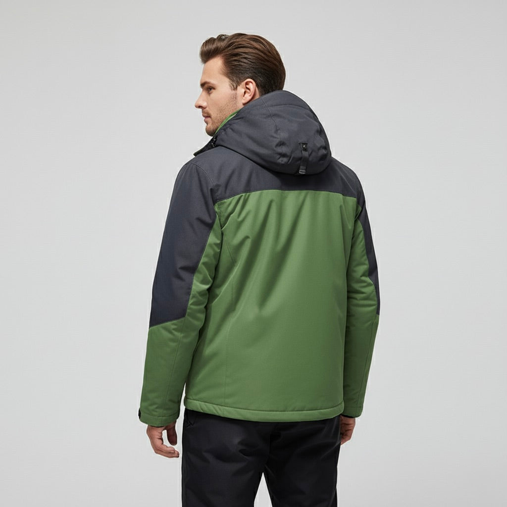 Green Black Hooded Ski Jacket and Pants Set for Men | Winter Snow Sports