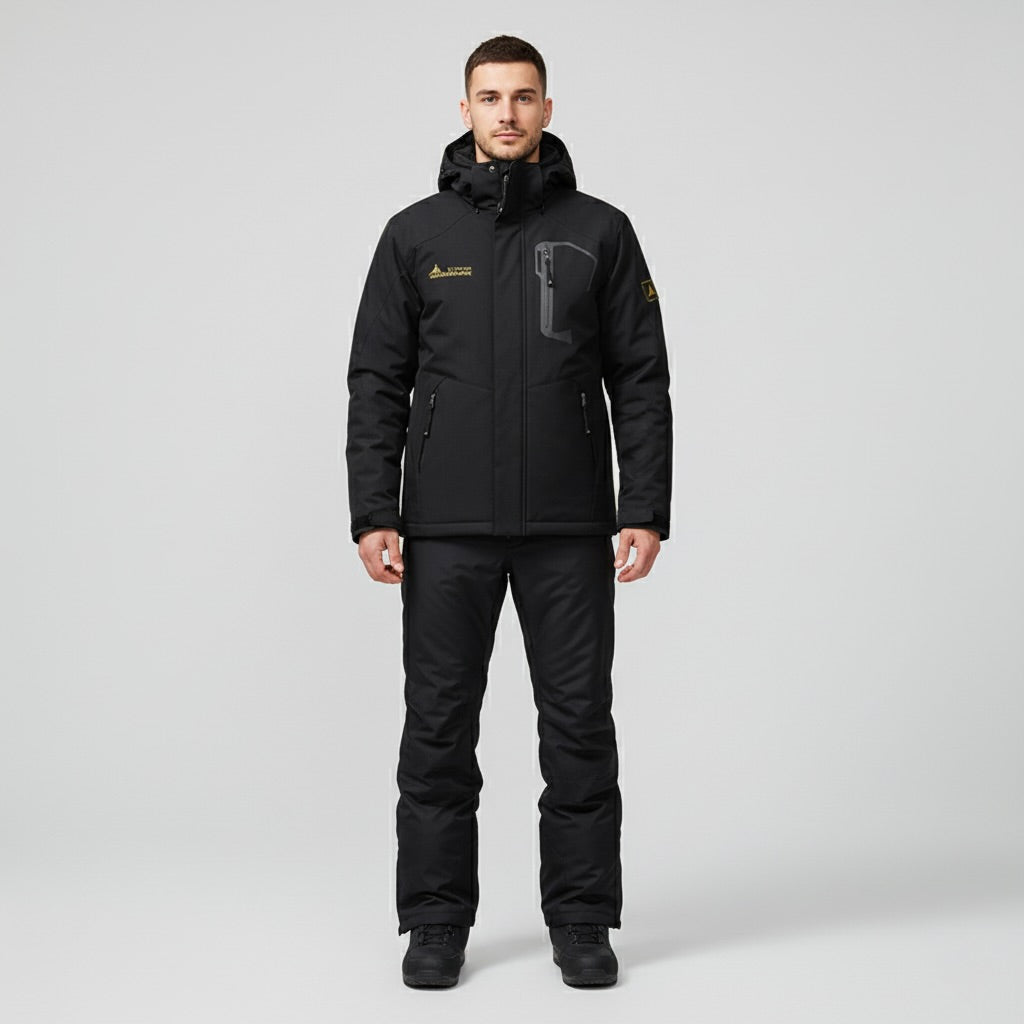 Black Two Piece Ski Jacket and Pants Set with Hood for Men | Snowboard Outfit