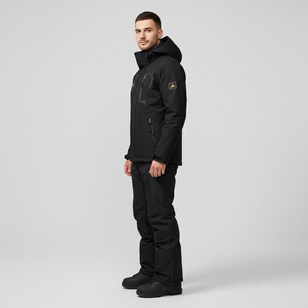 Black Two Piece Ski Jacket and Pants Set with Hood for Men | Snowboard Outfit