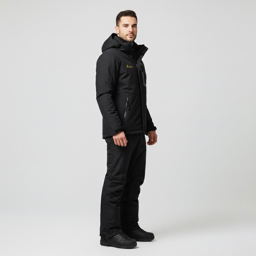 Black Two Piece Ski Jacket and Pants Set with Hood for Men | Snowboard Outfit