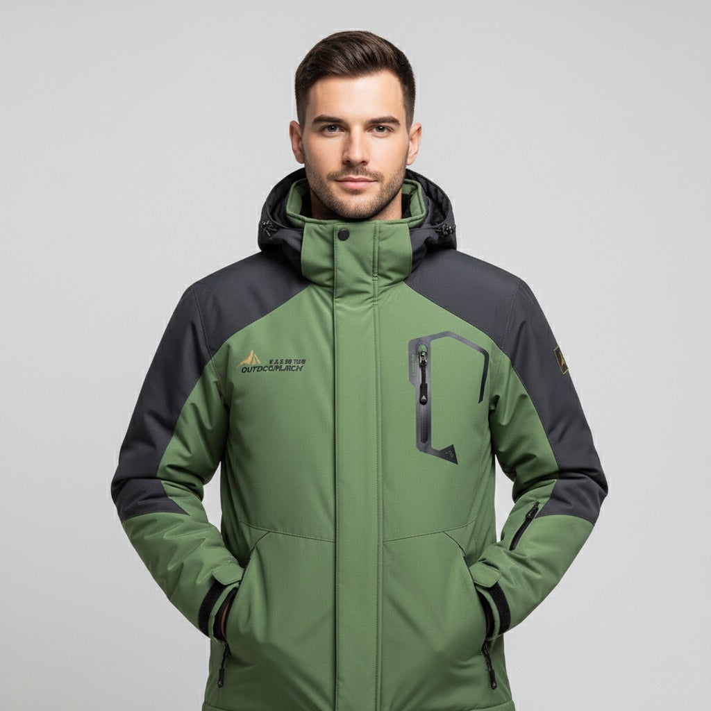 Green Black Hooded Ski Jacket and Pants Set for Men | Winter Snow Sports