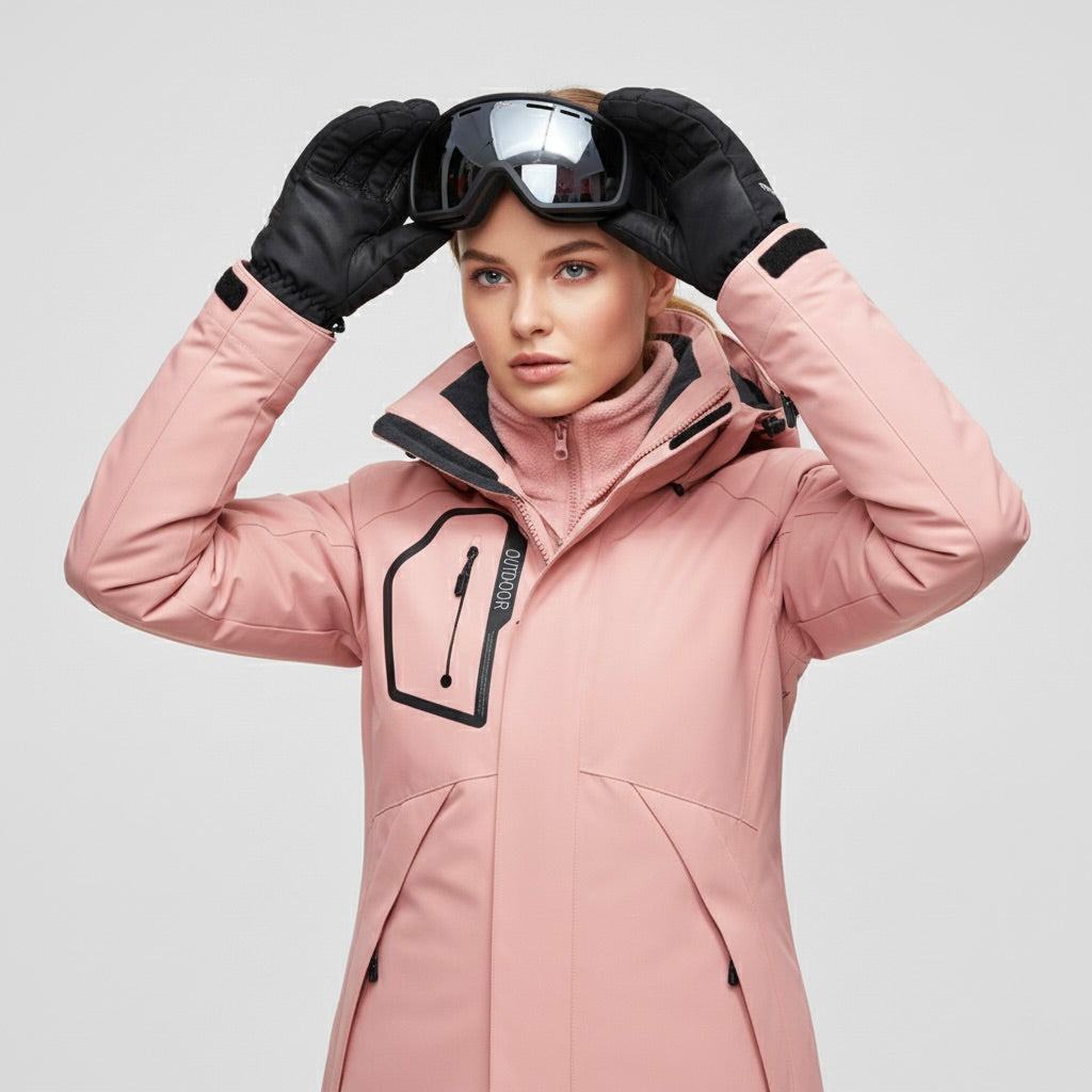 Pink Hooded Waterproof Ski Jacket and Pants Set for Women | Winter Snow Sports