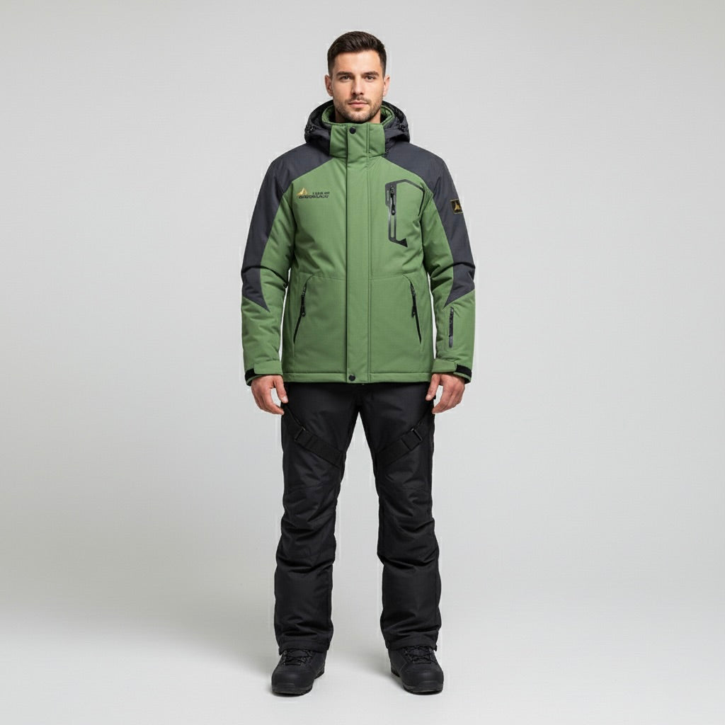 Green Black Hooded Ski Jacket and Pants Set for Men | Winter Snow Sports