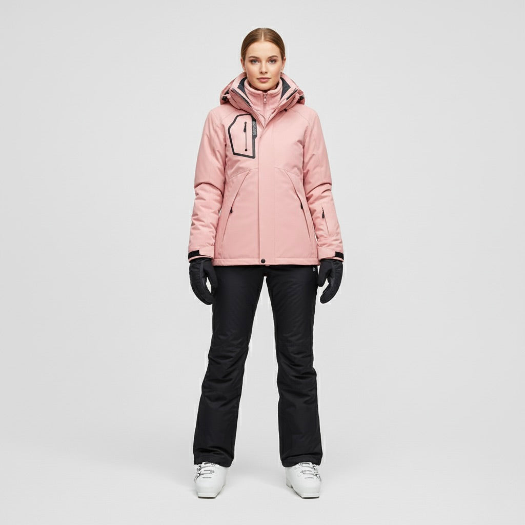 Pink Hooded Waterproof Ski Jacket and Pants Set for Women | Winter Snow Sports